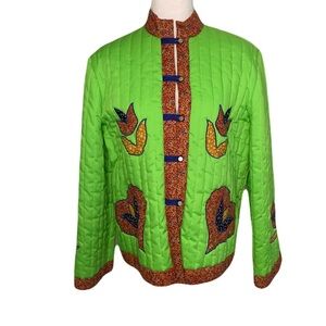 Vibrant Green & Red Floral Quilted Mandarin Collar Women's Jacket Boho Festival